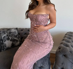 Classy Mermaid Strapless Tulle Pink Long Formal Evening Dresses Formal Prom Dresses With Beads