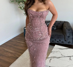 Classy Mermaid Strapless Tulle Pink Long Formal Evening Dresses Formal Prom Dresses With Beads