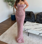Classy Mermaid Strapless Tulle Pink Long Formal Evening Dresses Formal Prom Dresses With Beads