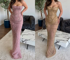 Classy Mermaid Strapless Tulle Pink Long Formal Evening Dresses Formal Prom Dresses With Beads