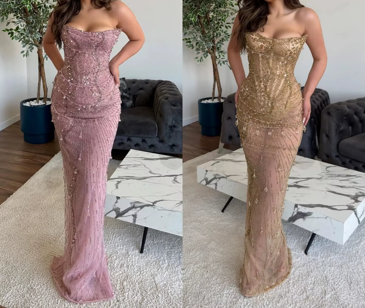 Classy Mermaid Strapless Tulle Pink Long Formal Evening Dresses Formal Prom Dresses With Beads