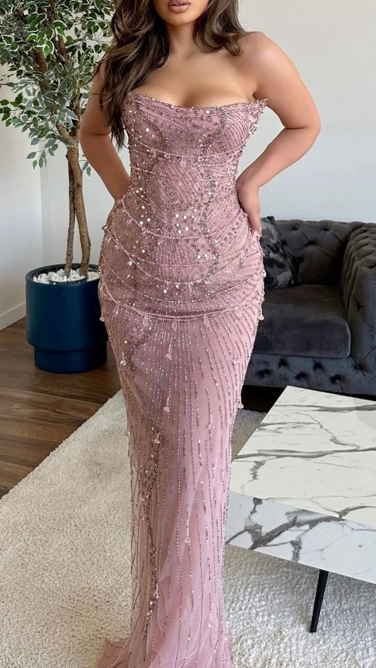 Classy Mermaid Strapless Tulle Pink Long Formal Evening Dresses Formal Prom Dresses With Beads Main image