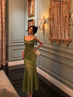 Classy Mermaid Straps Green Satin Formal Prom Dresses Birthday Outfits