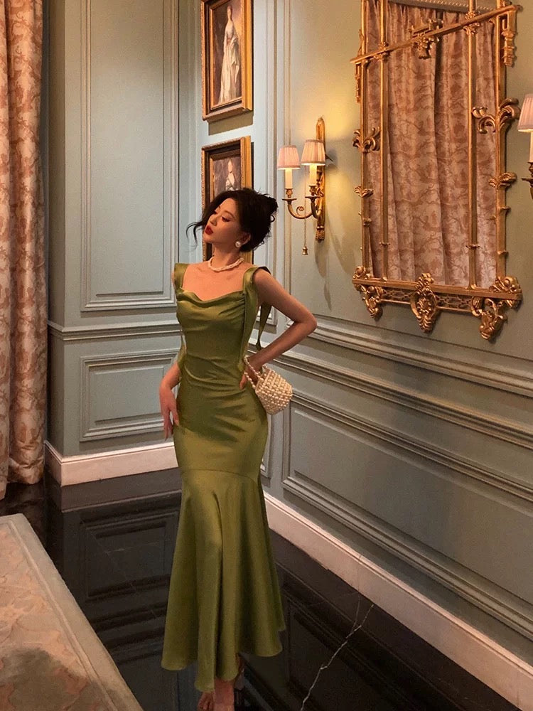 Classy Mermaid Straps Green Satin Formal Prom Dresses Birthday Outfits