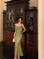 Classy Mermaid Straps Green Satin Formal Prom Dresses Birthday Outfits