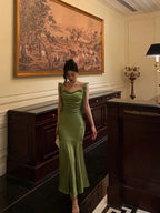 Classy Mermaid Straps Green Satin Formal Prom Dresses Birthday Outfits