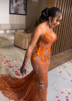 Classy Mermaid Sweetheart Orange Tulle Sequin Formal Evening Gowns Long Formal Prom Dresses