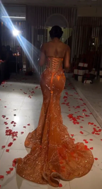 Classy Mermaid Sweetheart Orange Tulle Sequin Formal Evening Gowns Long Formal Prom Dresses
