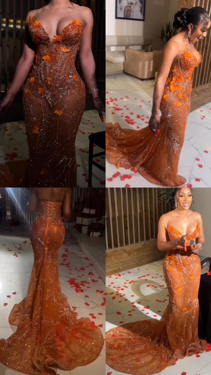 Classy Mermaid Sweetheart Orange Tulle Sequin Formal Evening Gowns Long Formal Prom Dresses