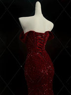 Classy Mermaid Sweetheart Red Slit Sequin Long Formal Evening Gowns Formal Prom Dresses