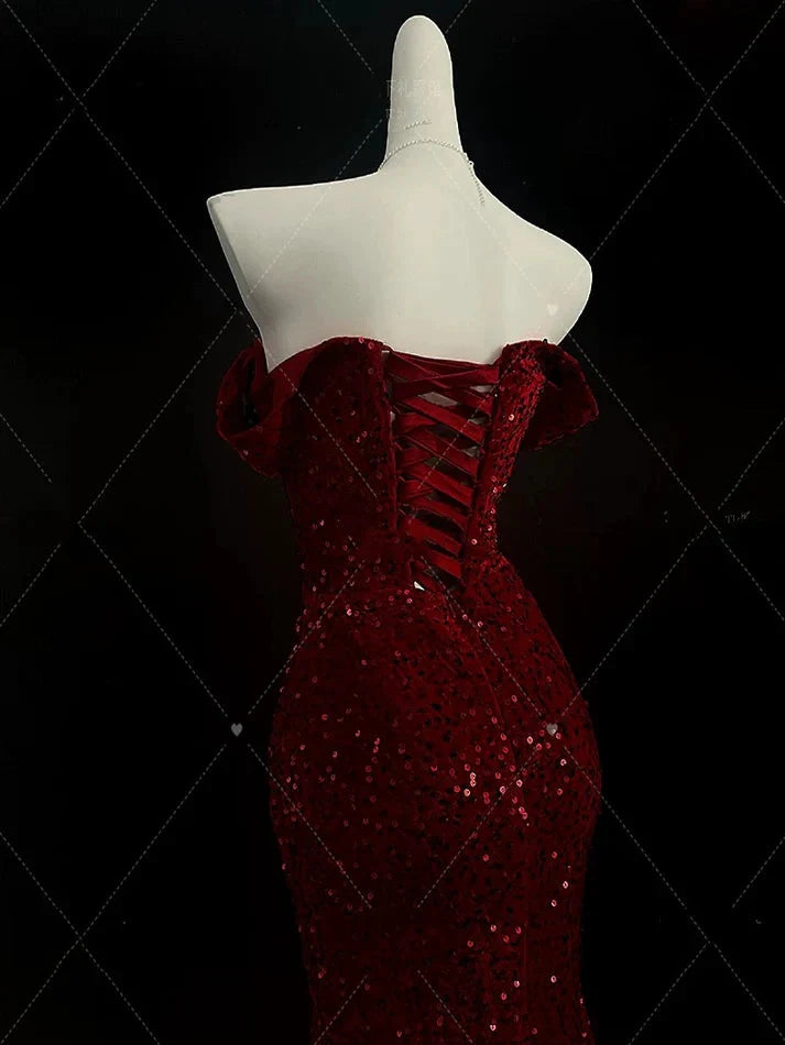 Classy Mermaid Sweetheart Red Slit Sequin Long Formal Evening Gowns Formal Prom Dresses