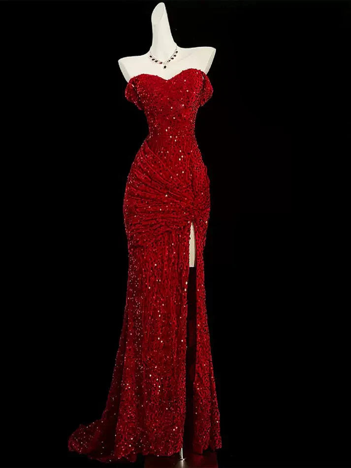 Classy Mermaid Sweetheart Red Slit Sequin Long Formal Evening Gowns Formal Prom Dresses