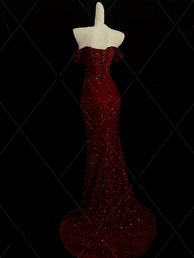 Classy Mermaid Sweetheart Red Slit Sequin Long Formal Evening Gowns Formal Prom Dresses