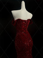 Classy Mermaid Sweetheart Red Slit Sequin Long Formal Evening Gowns Formal Prom Dresses