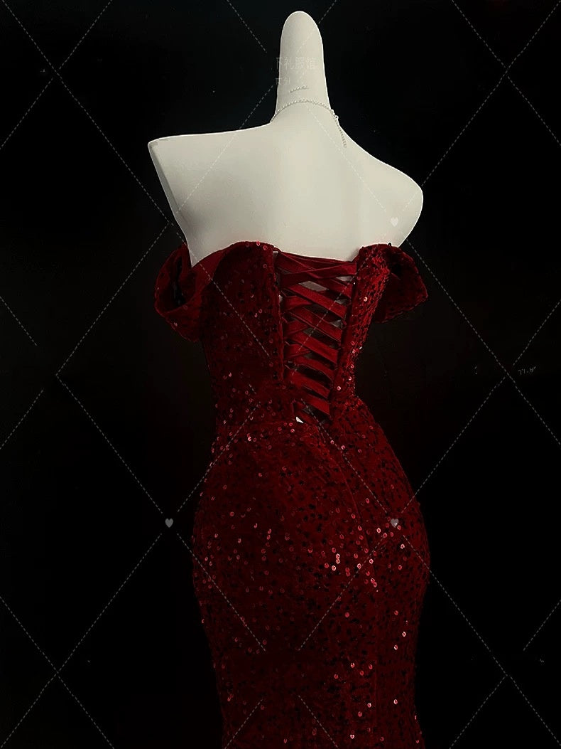 Classy Mermaid Sweetheart Red Slit Sequin Long Formal Evening Gowns Formal Prom Dresses