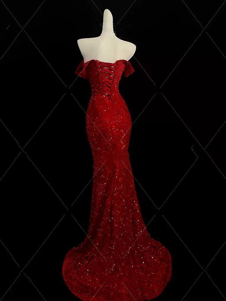 Classy Mermaid Sweetheart Red Slit Sequin Long Formal Evening Gowns Formal Prom Dresses