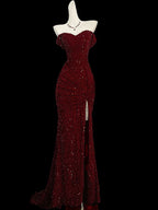 Classy Mermaid Sweetheart Red Slit Sequin Long Formal Evening Gowns Formal Prom Dresses