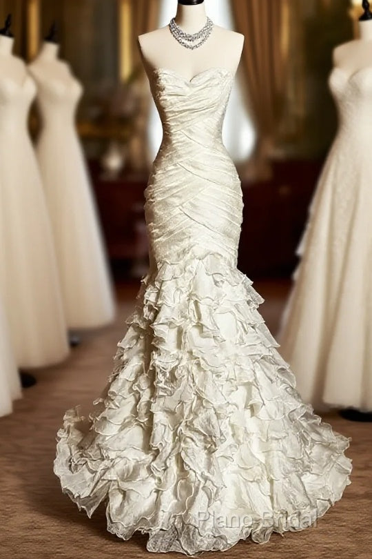 Classy Mermaid Sweetheart Tulle Ivory Long Wedding Dresses Bridal Dresses Main image