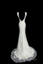 Classy Mermaid V Neckline Lace Ivory Long Wedding Dresses Bridal Dresses