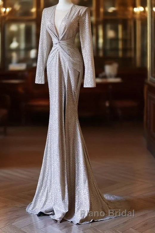 Classy Mermaid V Neckline Long Sleeves Sequin Ruffles Long Evening Dresses Formal Prom Dresses Main image