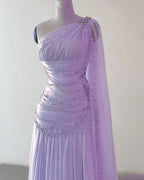 Classy Sheath One Shoulder Pink Long Chiffon Formal Evening Gown Formal Prom Dresses