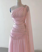 Classy Sheath One Shoulder Pink Long Chiffon Formal Evening Gown Formal Prom Dresses