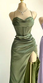Classy Sheath Spaghetti Straps Red Satin Sleeveless Long Backless Formal Prom Dresses