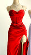 Classy Sheath Spaghetti Straps Red Satin Sleeveless Long Backless Formal Prom Dresses
