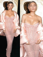 Classy Sheath Strapless Sequin Floor Length Pink Slit Formal Prom Dresses Formal Prom Gowns