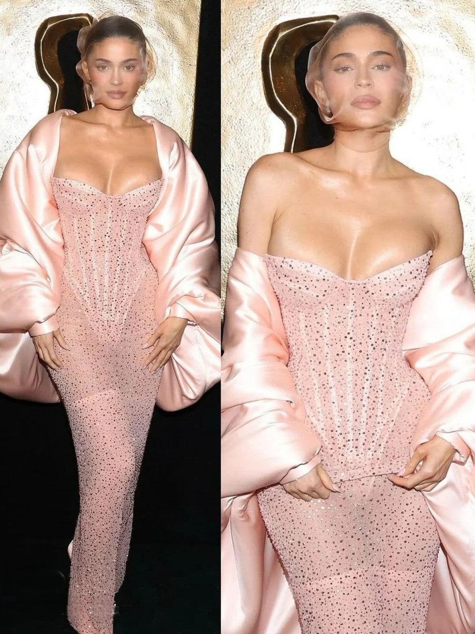 Classy Sheath Strapless Sequin Floor Length Pink Slit Formal Prom Dresses Formal Prom Gowns