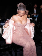 Classy Sheath Strapless Sequin Floor Length Pink Slit Formal Prom Dresses Formal Prom Gowns