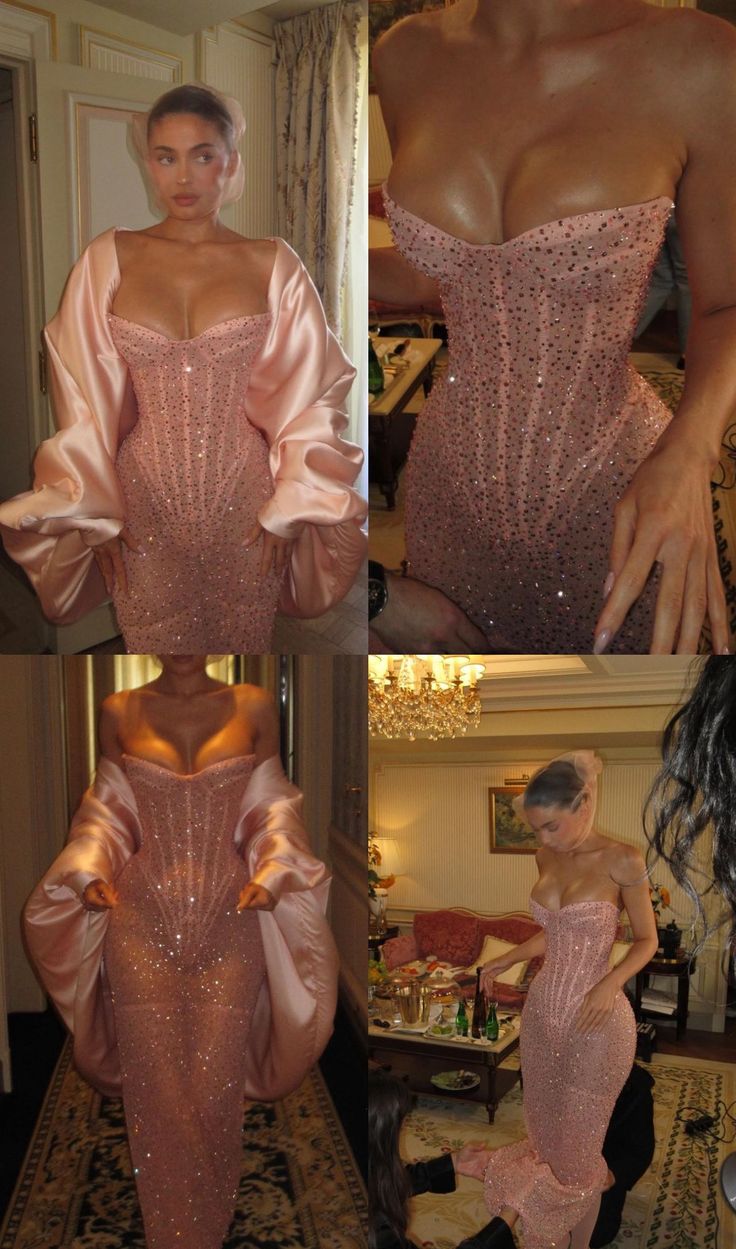 Classy Sheath Strapless Sequin Floor Length Pink Slit Formal Prom Dresses Formal Prom Gowns Main image