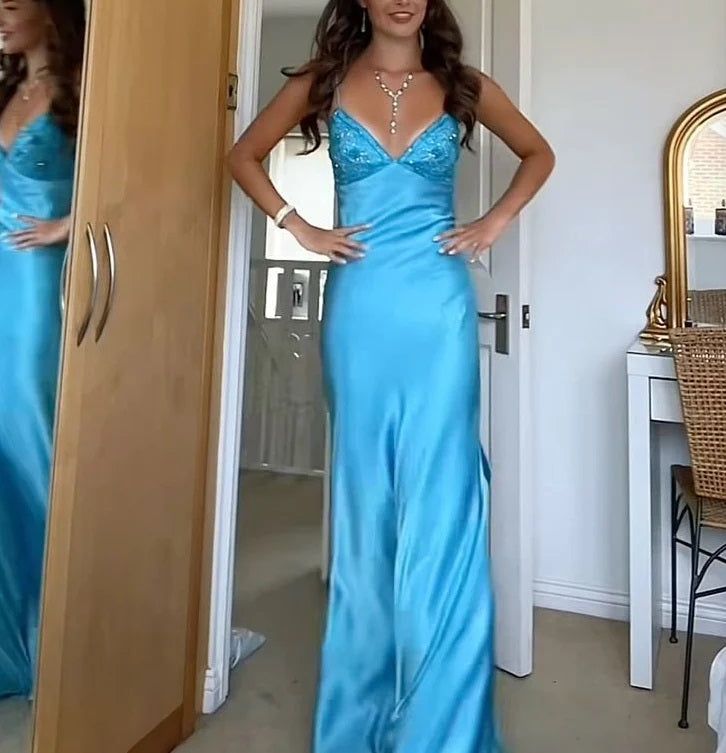 Classy Spaghetti Strap Sleeveless Mermaid Satin Long Backless Formal Prom Dresses Main image