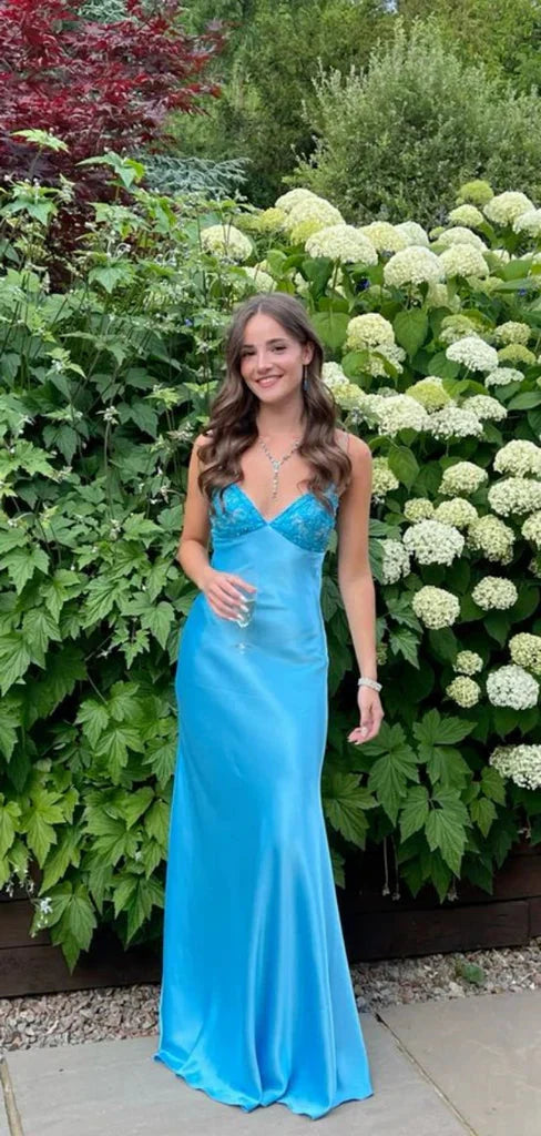 Classy Spaghetti Strap Sleeveless Mermaid Satin Long Formal Prom Dresses Main image