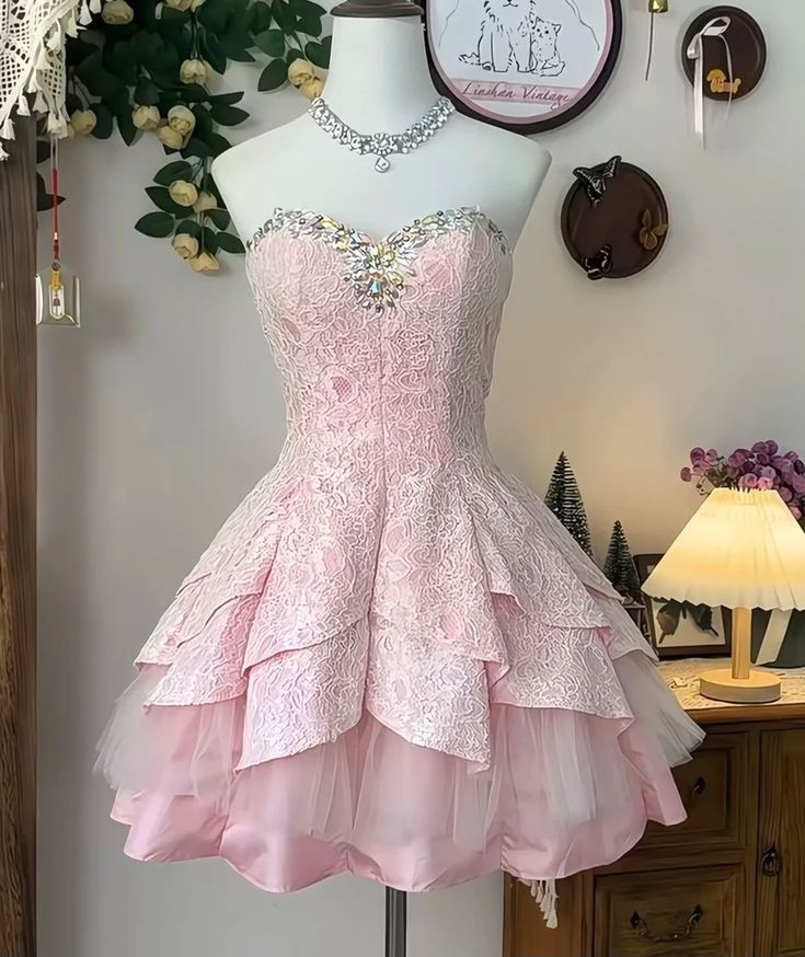Classy Strapless Lace Beaded A Line Homecoming Dresses Pink Short Birthday Dresses Main image