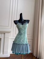 Classy Tiffany Blue Lace Appliques Short Birthday Outfits Homecoming Dresses Spaghetti Strap Cocktail Dresses