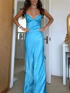 Classy V-Neck Blue Beaded Back Tie A-Line Long Formal Prom Dresses