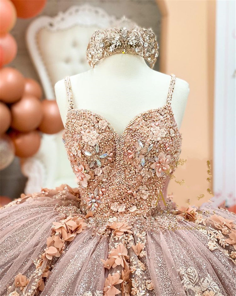 Coffee Beaded Quinceanera Dresses Sexy Spaghetti Neck Appliqued 3D Floral Sweet 16 Princess Ball Gown Pageant Gowns Vestido Secondary image