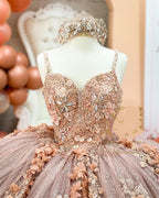 Coffee Beaded Quinceanera Dresses Sexy Spaghetti Neck Appliqued 3D Floral Sweet 16 Princess Ball Gown Pageant Gowns Vestido
