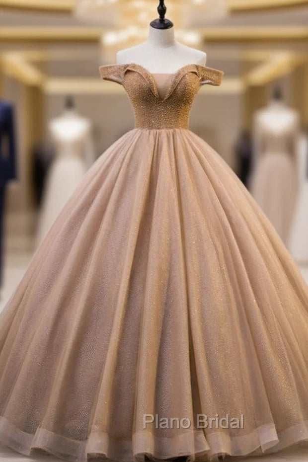 Coffee Color Ball Gown Off the Shoulder Tulle Beading Quinceanera Dresses Main image
