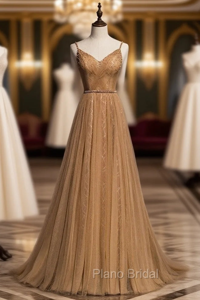 Coffee Gold Tulle Spaghetti Straps Beading Pleats Formal Prom Dresses Main image
