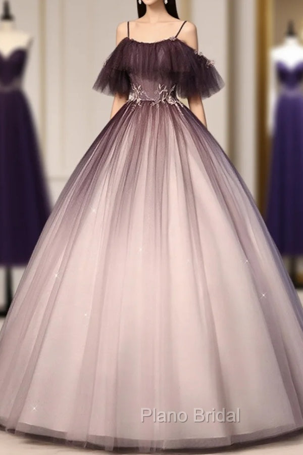 Coffee One Shoulder Tulle Long Formal Prom Gown, Coffee Tulle Formal Dresses