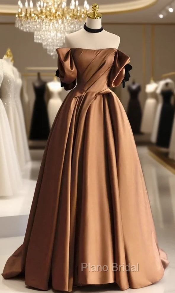 Coffee Satin Off the Shoulder Pleats Formal Prom Dresses Main image