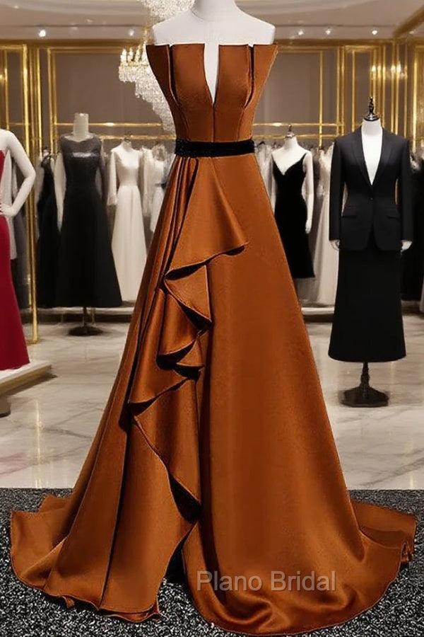 Coffee Satin Strapless Pleats Formal Prom Dresses With Split