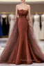 Coffee Satin Tulle Strapless Formal Prom Dresses