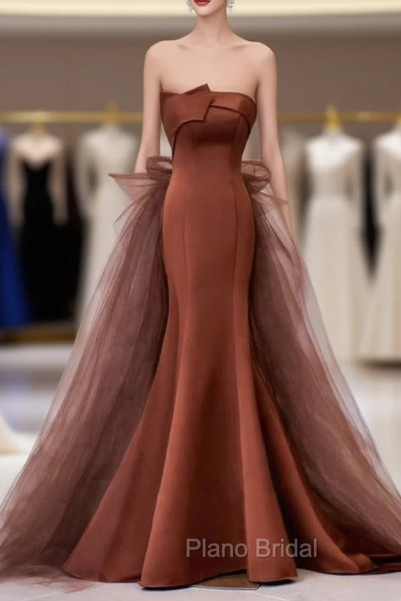 Coffee Satin Tulle Strapless Formal Prom Dresses