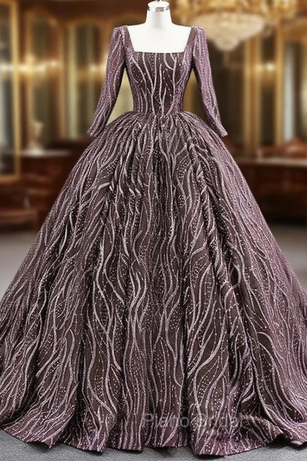 Coffee Sequins Square Long Sleeve Formal Prom Dresses