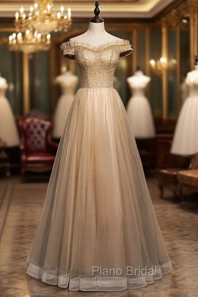 Coffee Tulle Off the Shoulder Beading Formal Prom Dresses Main image