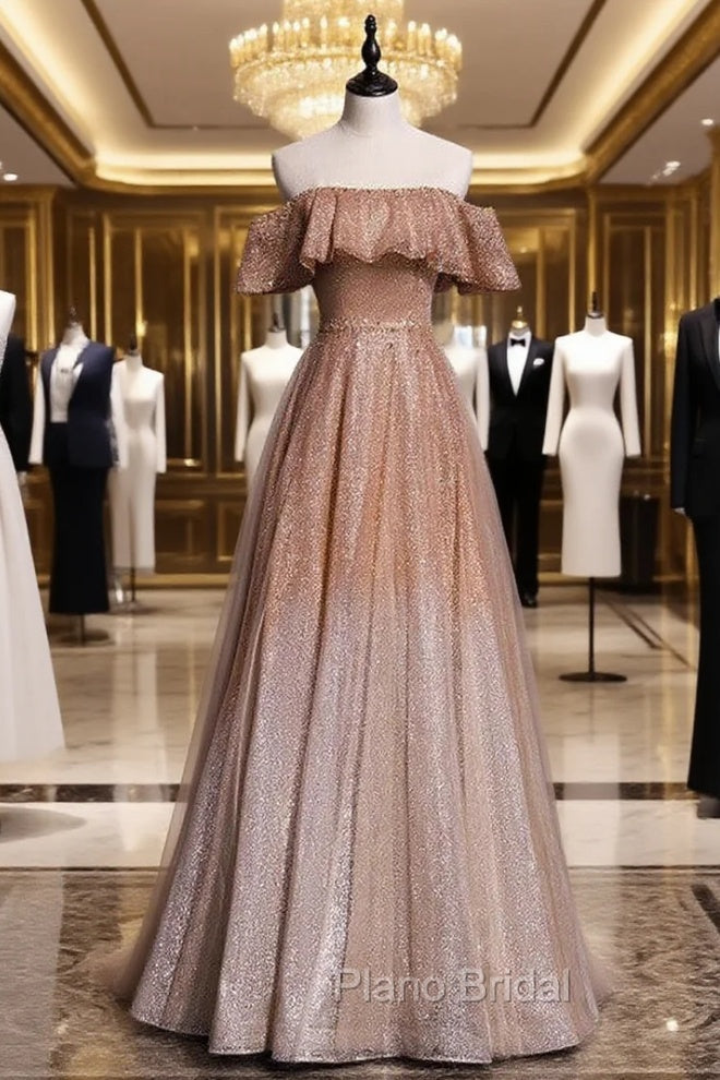 Coffee Tulle Sequins Off the Shoulder Beading Formal Prom Dresses Main image