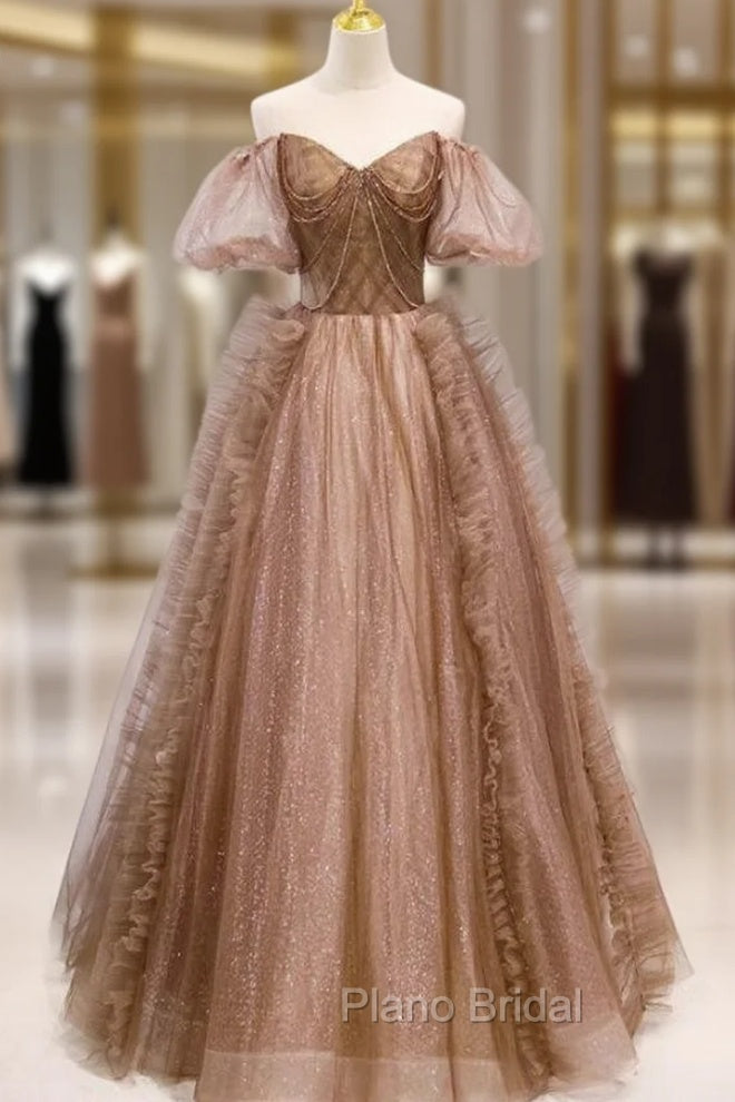 Coffee Tulle Sequins Puff Sleeve Beading Formal Prom Dresses Main image